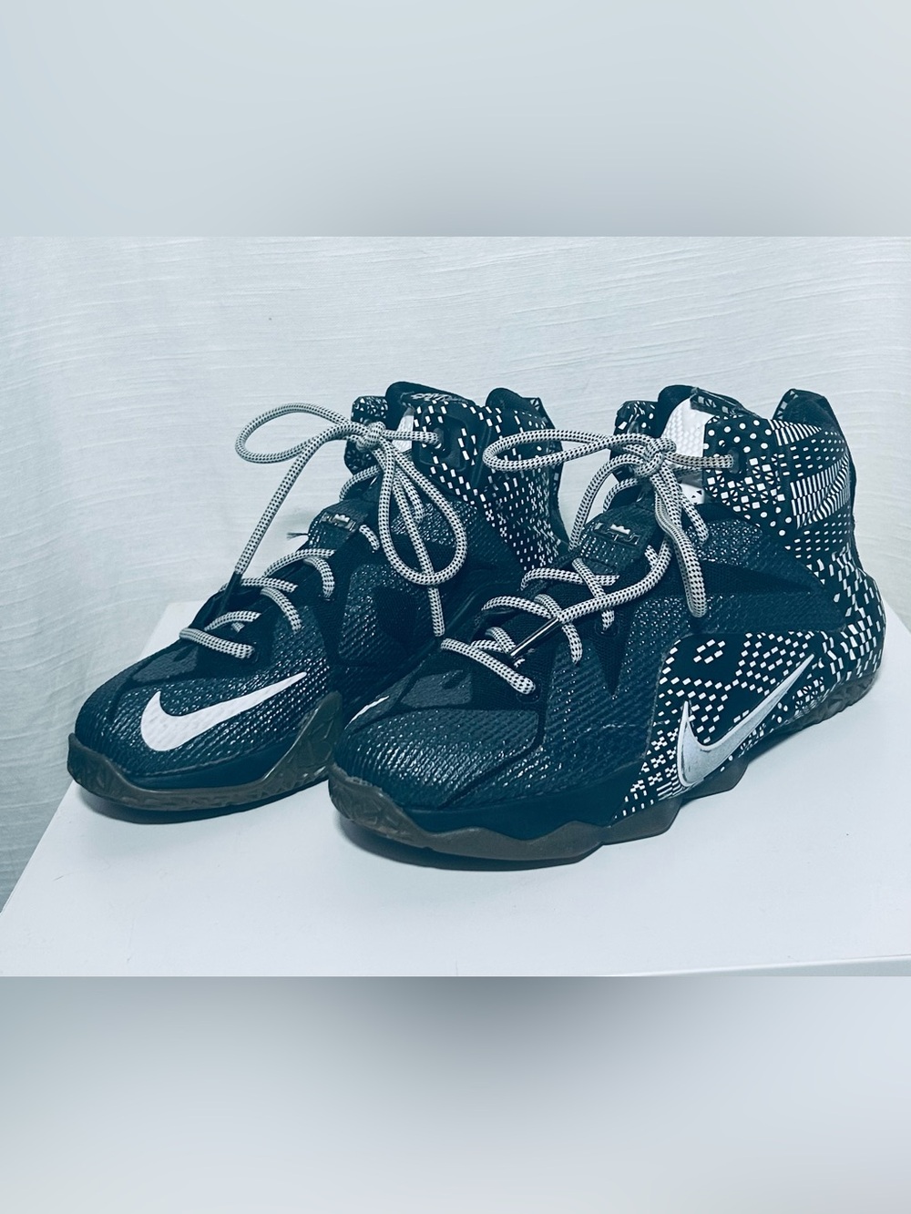 Nike LeBron 12 BHM Kids Black and White Patterned Basketball Sneakers
